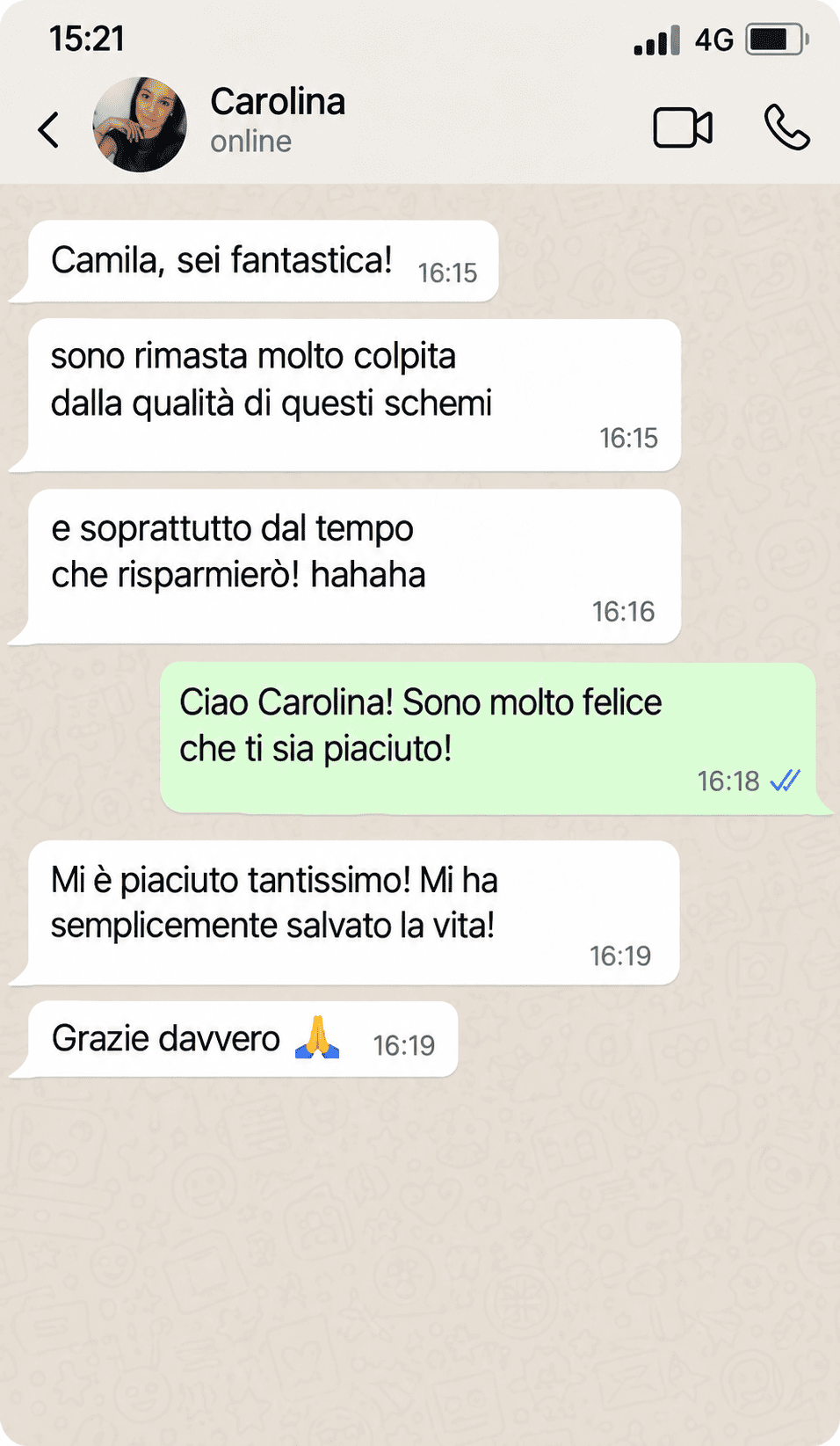 Testimonianza WhatsApp di Carolina